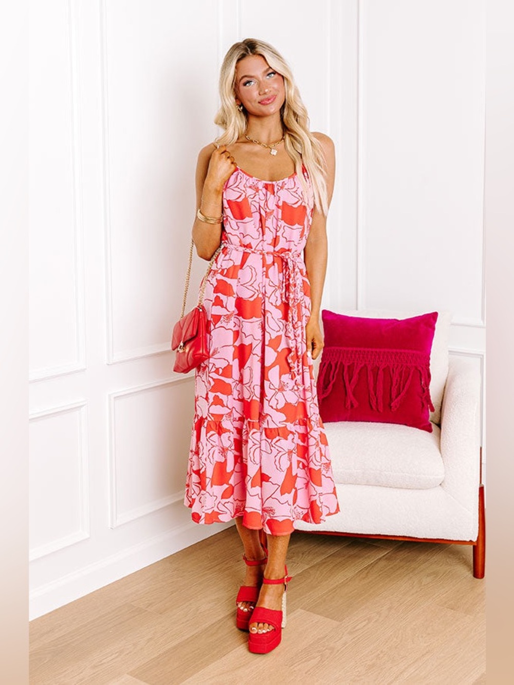 Sugarlips Pink Lemonade Scoop Pink & Red Floral Midi Dress NWT